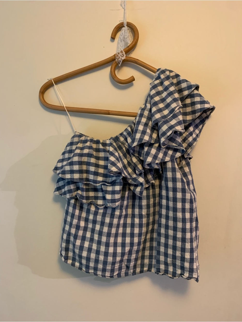 Misa Los Angeles Blue and White Gingham One-Shoulder Ruffle Top